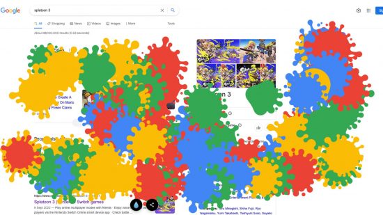A screenshot of the Splatoon 3 Google Easter egg, showing the Google search engine covered in green, yellow, red, and blue ink splats.