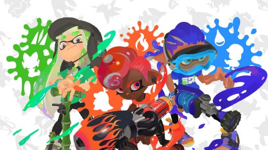 Art for the upcoming Splatoon 3 Pokemon Splatfest showing three characters, one red, one green, one blue, with strange guns and tentacle-like hair.