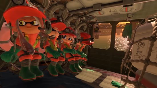 Splatoon 3 VPN: image shows a group of Inklings waiting for a match in an aircraft, hoping there won't be an unstable connection.