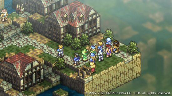 Various isometrically viewed character sprites on a grid of varying height in a shot for our Tactics Ogre: Reborn review.