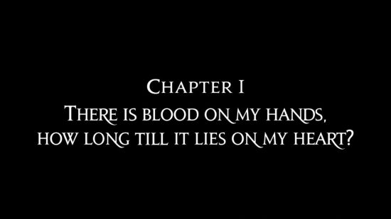 "CHAPTER 1 / THERE IS BLOOD ON MY HANDS, HOW LONG TILL IT LIES ON MY HEART" in white on a black background in a chapter title card from Tactics Ogre: Reborn review.
