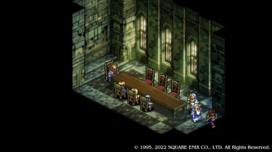Varios personajes 2D se alejan de una larga mesa de comedor en el salón de un castillo en Tactics Ogre Reborn.