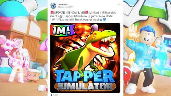 Tzpper Simulator codes - a tweet from the official Tapper Simulator Twitter announcing one million visits