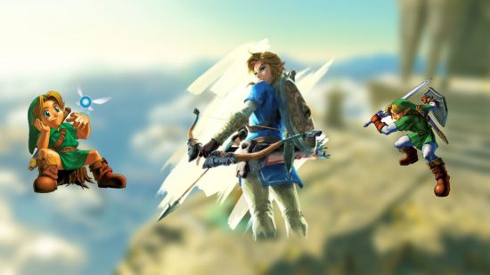The Legend of Zelda TV show news custom header image showing three PNGs of protagonist Link on a blurred background of a sky and some stone. In the middle, a grown-up link in a blue tunic wielding a bow and arrow from The Legend of Zelda: Breath of the Wild. On the right, an older Link in a green outfit with a sword and shield, on the left a young Link sitting on a tree stump, in the same sort of outfit, both from The Legend of Zelda: Ocarina of Time.