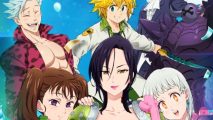 the seven deadly sins grand cross 50 million downloads key art with various characters posing