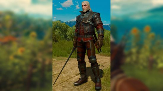 The Witcher 3 best armor: Geralt of Rivia appears in a heavy armor, covered in chainmal and carrying several weapons