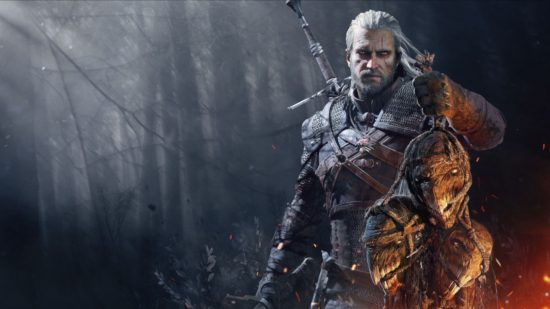 The Witcher 3 wallpaper Geralt holding a bunch of monster heads