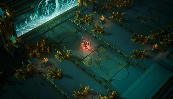 A character runs through a spooky hall full of frozen humanoids in Torchlight: Infinite
