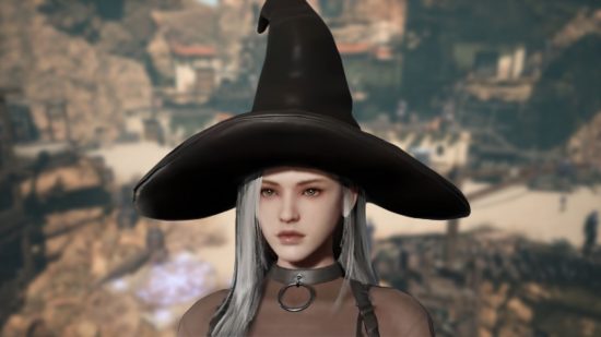 Undecember's Halloween event with's outfit on a slender woman with very pale skin and long, straightened white hair. She has a very droopy witches hat on, and just her shoulders are visible, showing some old-timey gothic stylings.