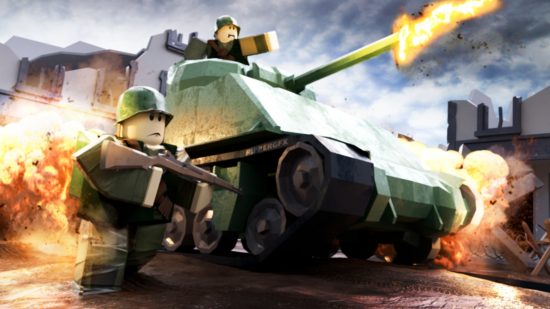 War Simulator codes - a hugee tank firing rockeets while soldiers run beside it