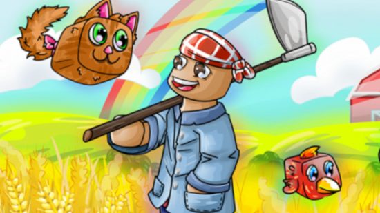 Promo art for Wheat Farming Simulator codes guide with a happy farmer, a rainbow, and his pets