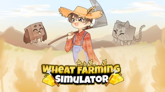 Key art for Wheat Farming Simulator codes guide with a farmer and their cats in a field