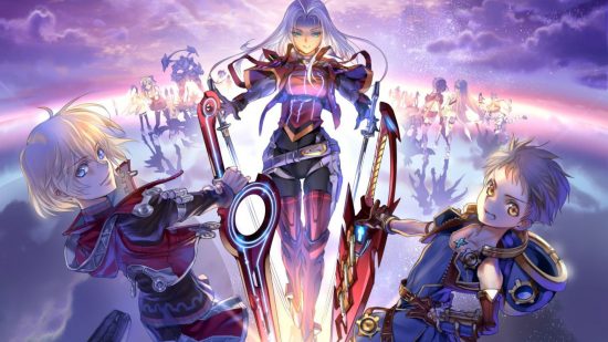 Xenoblade Chronicles 3 collector's edition -- art showing Shulk, a blonde boy with a red sword and futuristic outfit, Rex, a brown haired boy with a blue, more steampunk-y outfit and similar red sword, and a woman with flowing silver hair and duel blades, with various indistinct characters in the background.