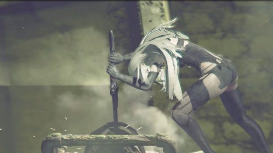 A2 from Nier Automata, bent over, long silver hair over her back, plunging a sword into a cradle. She's wearing a tattered skintight suit.