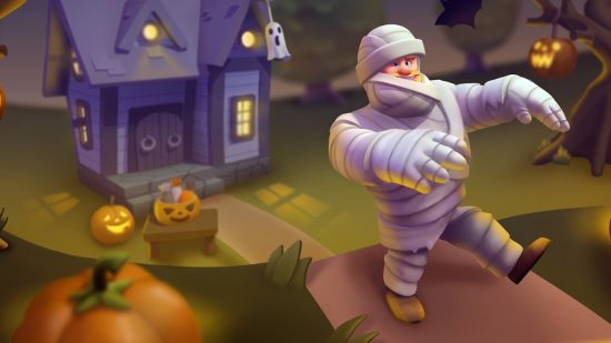 Zynga Halloween events key art featuring a mummy, pumpkins, and a spooky house