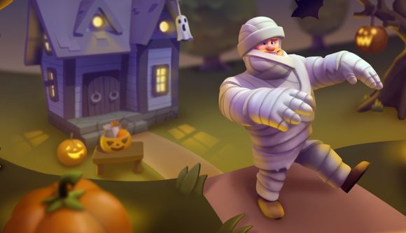 Zynga Halloween events key art featuring a mummy, pumpkins, and a spooky house