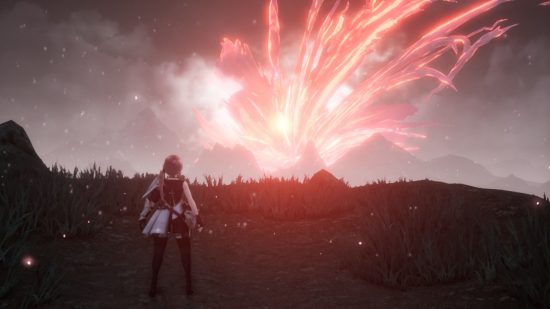 Revisión de Harvestella: el protagonista frente a un gran meteorito rojo