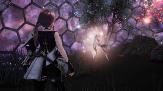 Harvestella review - the player looking at a glowing fairy