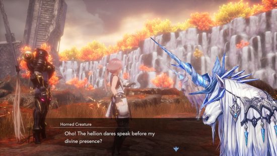 Harvestella - a unicorn talking to the player
