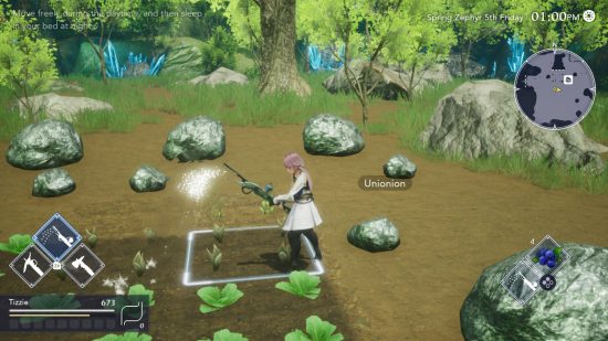 Revisión de Harvestella: el jugador regando cultivos