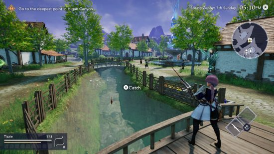 Revisión de Harvestella: el jugador pescando en un puente