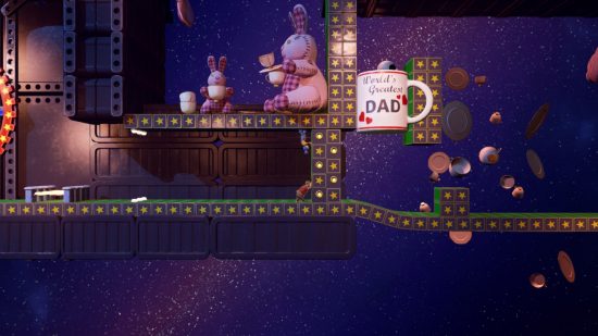It Takes Two Switch review - Cody and May pushing a block in a galaxy level