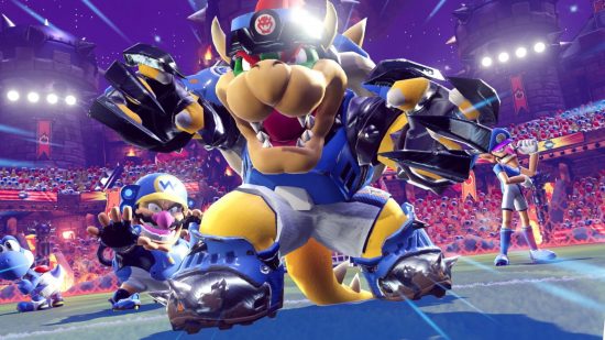 Mario Strikers Battle League demo: Bowser, a large tortoise type dinosaur with big horns on his back and fangs and claws, wearing a blue football kit, roars on a football pitch