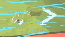 OlliOlli World Find the Flowzone DLC review: a skateboarder does tricks in a pastel world, while a gust of wind is shown visibly helping them move in a direction