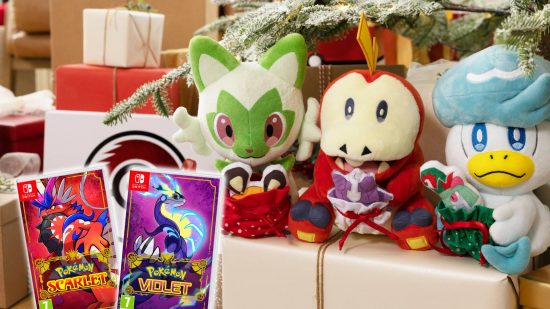 Pokemon Scarlet and Violet giveaway: plush versions of the Pokemon Sprigatito, Fuecoco, and Quaxly sit next to a christmas tree, with each of them holding presents. In the foreground, a copy each of Pokemon Scarlet and Pokemon Violet are visible