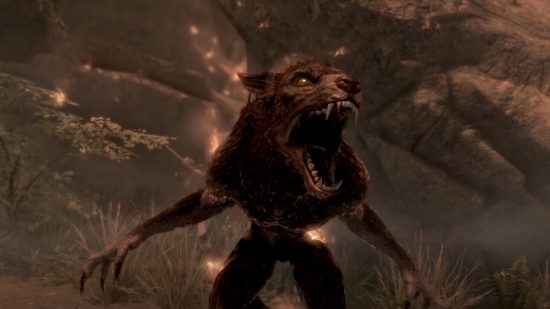 A Skyrim werewolf with jaw wide in a roar.