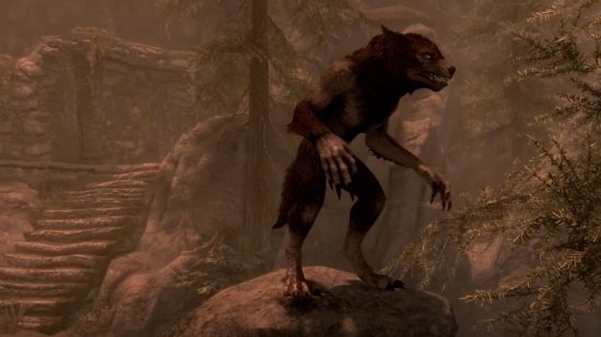 A Skyrim werewolf stood on a rock with trees behind.