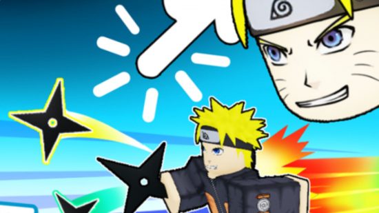 Naruto character throwing shurikens on a blue background with a larger version of his head in the top right corner and a finger clicking in the background on the blue. Naruto is blonde with a black headband and a burst of red and yellow energy behind him depicting movement.