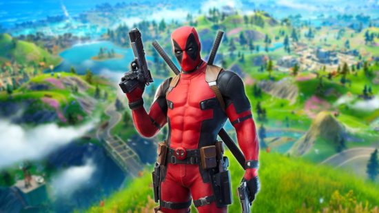 The best Fortnite Skins: Marvel's Deadpool holding two guns, with his mask on