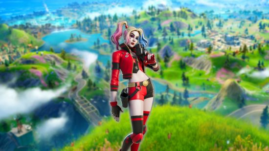 The best Fortnite Skins: Harley Quinn's Rebirth skin, where she wears a jacket, shorts and holds a weapon