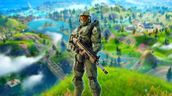 The best Fortnite Skins: Master Chief from the Halo series holding a gun