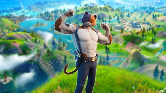 The best Fortnite Skins: the meowscles skin which is a human body with a small cat head.