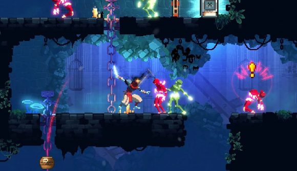 Best Apple Arcade games: Dead Cells. Images shows a screenshot of characters fighting in a darkened cavern.