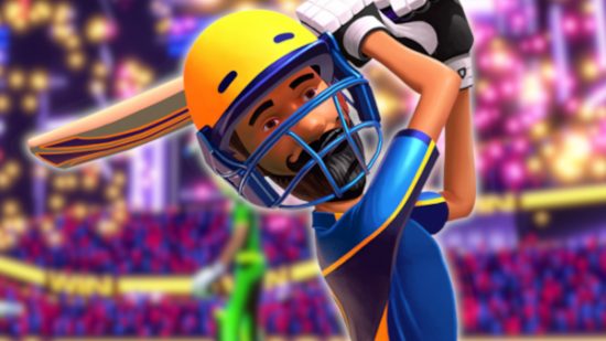 Best cricket games: The main character from Stick Cricket Live swinging a cricket bat whilst wearing a yellow helmet and blue shirt. His figure is outlined in white and he is pasted over a blurred pink-tinted stadium scene.