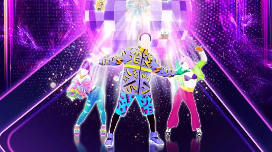 Best party games on mobile: a screenshot from Just Dance Now with a purple background and a giant disco ball, with three dancers in front