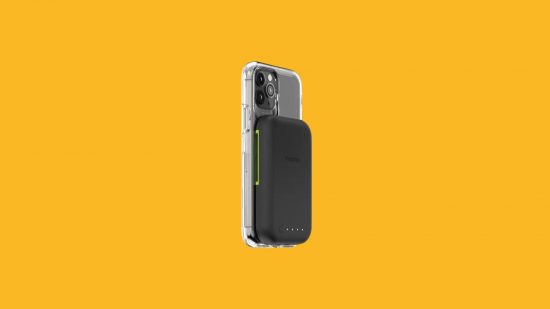 One of the best phone cases, the Morphie Juice Pack Connect, a cuboid battery attached to the outside of a phone with a clear cover over it.