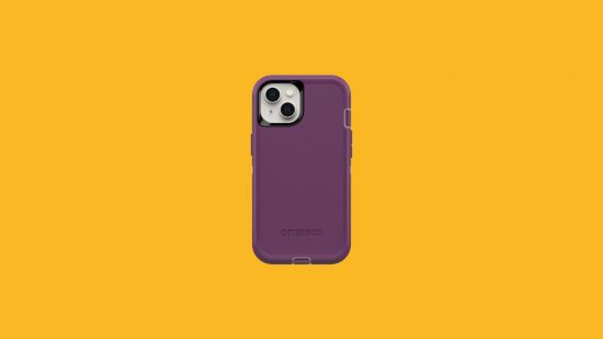 One of the best phone cases, the Otterbox Defender Series, a purple case around a rectangular phone on a yellow background.