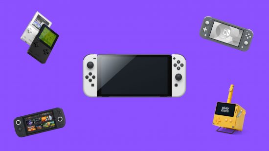 One of the best portable gaming consoles, the Nintendo Switch OLED, a black and white, handheld device with a screen in the middle and controls either side. Around it is are four other handheld gaming consoles of varying shapes, sizes, and colours.