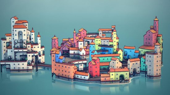 Best sandbox games: a screenshot shows an idyllic village floating on water, with the buildings all in different pastel colours