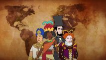Civiliation VI leader pass: four world leaders drawn in cartoon style on background of an old parchment world map. The leaders are Abe Lincoln, among others.