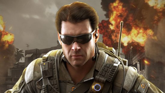 COD mobile redeem codes - a man wearing sunglasses walking away from an explosion