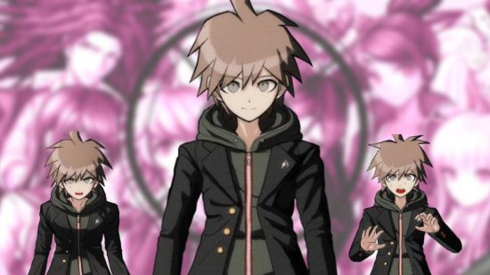 A Danganronpa sprite showing a boy with wavy brown hair, green hoodie under a black jacket, and a blank expression.