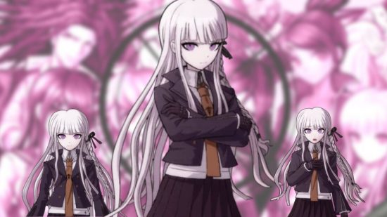 A Danganronpa sprite showing a girl with long straight white hair, school blazer and tie.