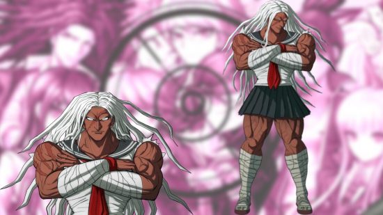 A Danganronpa sprite showing a character in a skirt with masive muscular thights, white tight tank top and red tie with arms folded and wild white hair.
