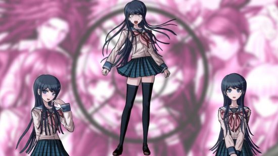 A Danganronpa sprite showing a girl in a blue skirt and school blazer with wavy black hair and thigh high socks