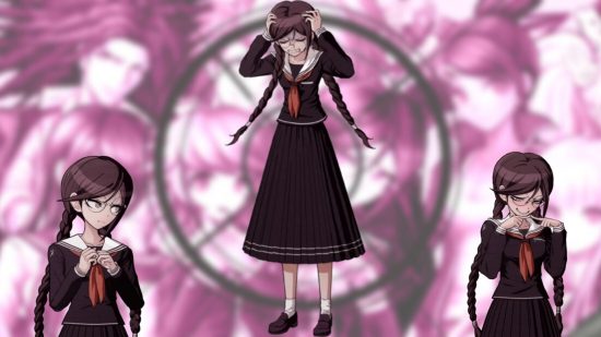A Danganronpa sprite showing a girl with pigtails in an old-fashioned school-style dress.